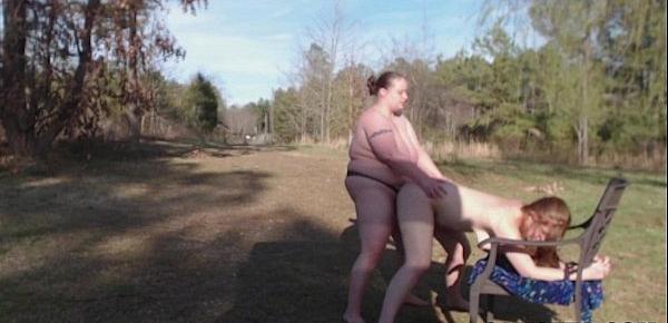  Lesbians with big tits use strap on during outdoor picnic